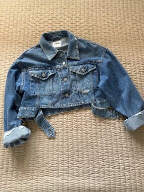 ZARA Distressed Cropped Denim Jacket - Blue